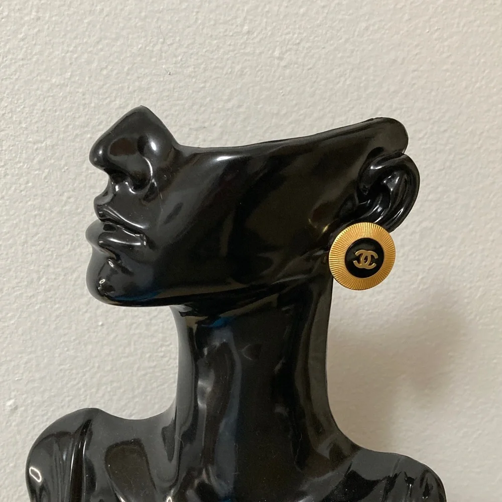 CHANEL Gold and Black Logo Earrings - Picture 1 of 5